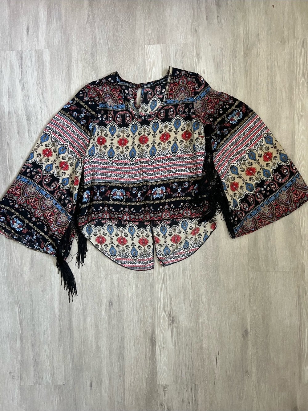 See You Monday Boho Paisley Fringe Bell-Sleeve Top in Black, Cream, Red & Blue M